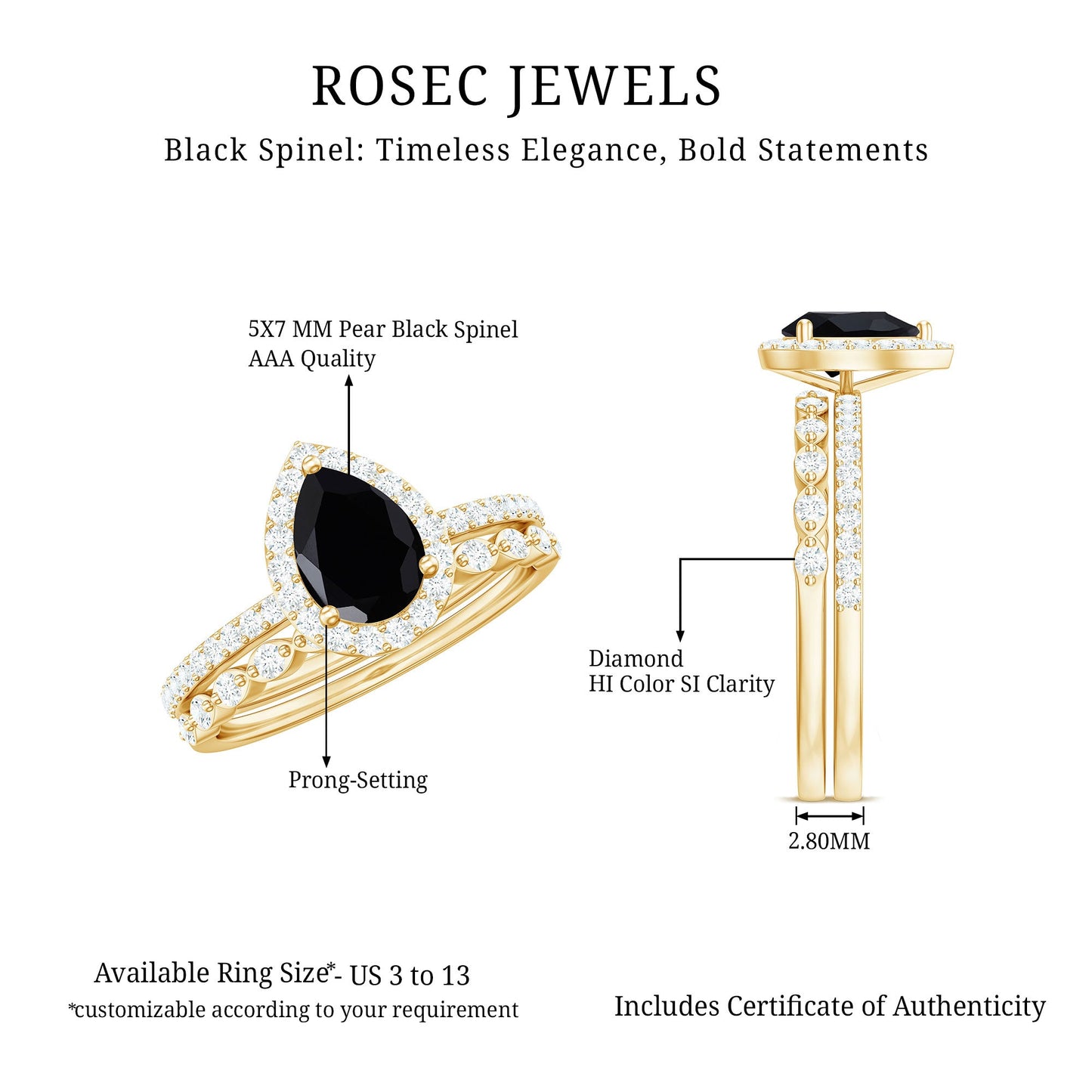 Natural 0.6 Carat Pear Shape Black Spinel Diamond Wedding Engagement Ring Set of 2