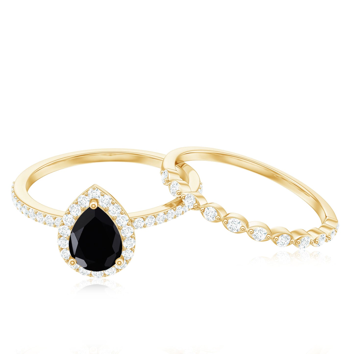 Natural 0.6 Carat Pear Shape Black Spinel Diamond Wedding Engagement Ring Set of 2