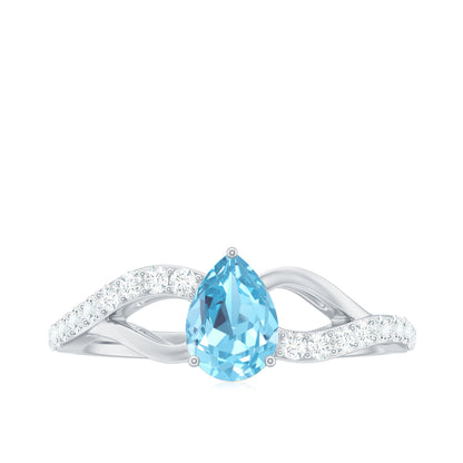 Split Shank Pear Cut Aquamarine Solitaire Ring with Diamond