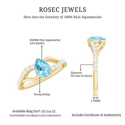 Split Shank Pear Cut Aquamarine Solitaire Ring with Diamond