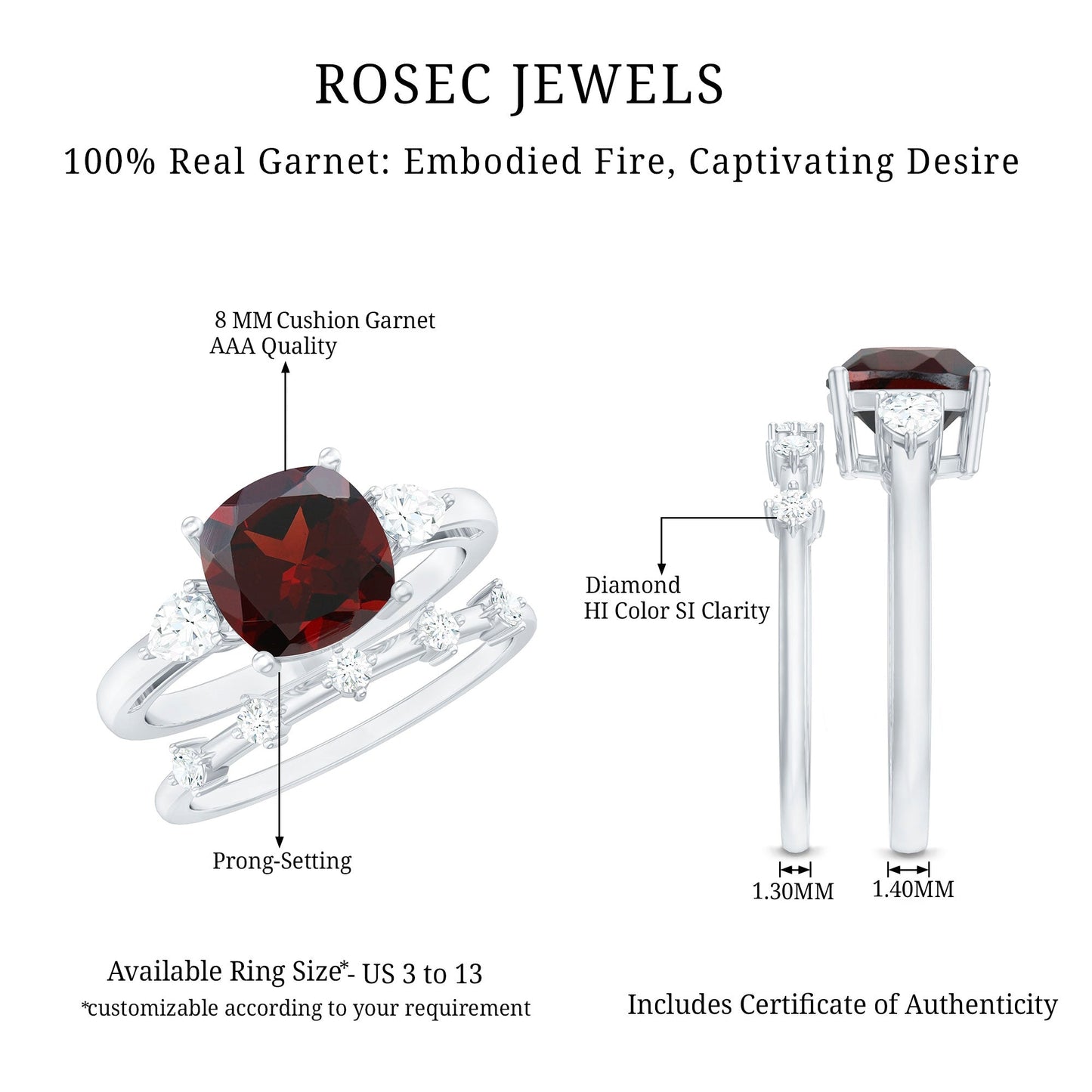Natural 3.2 Carat Cushion Cut Garnet Diamond Wedding Bridal Ring Set