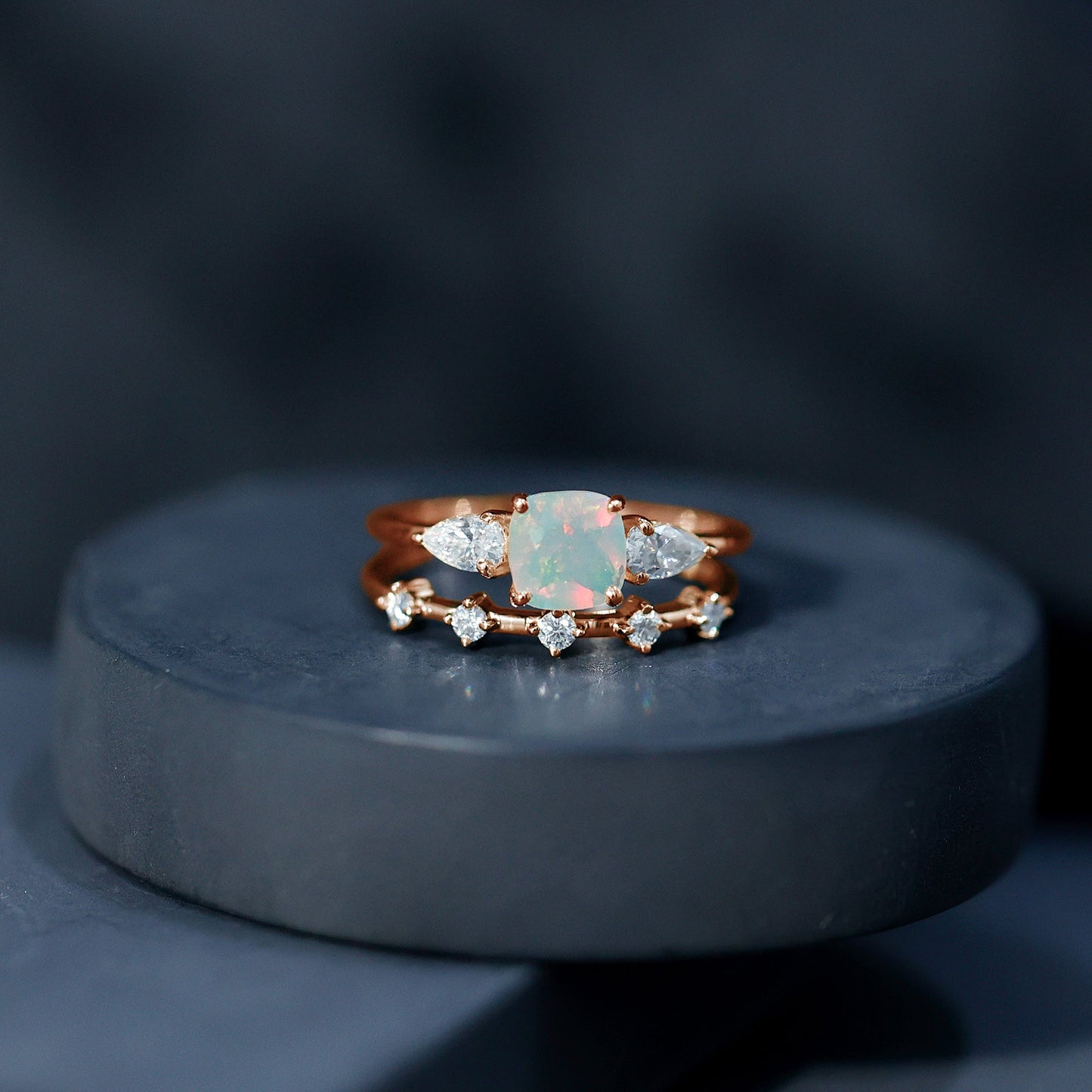 Cushion Cut Real Ethiopian Opal Wedding Ring Set with Diamond