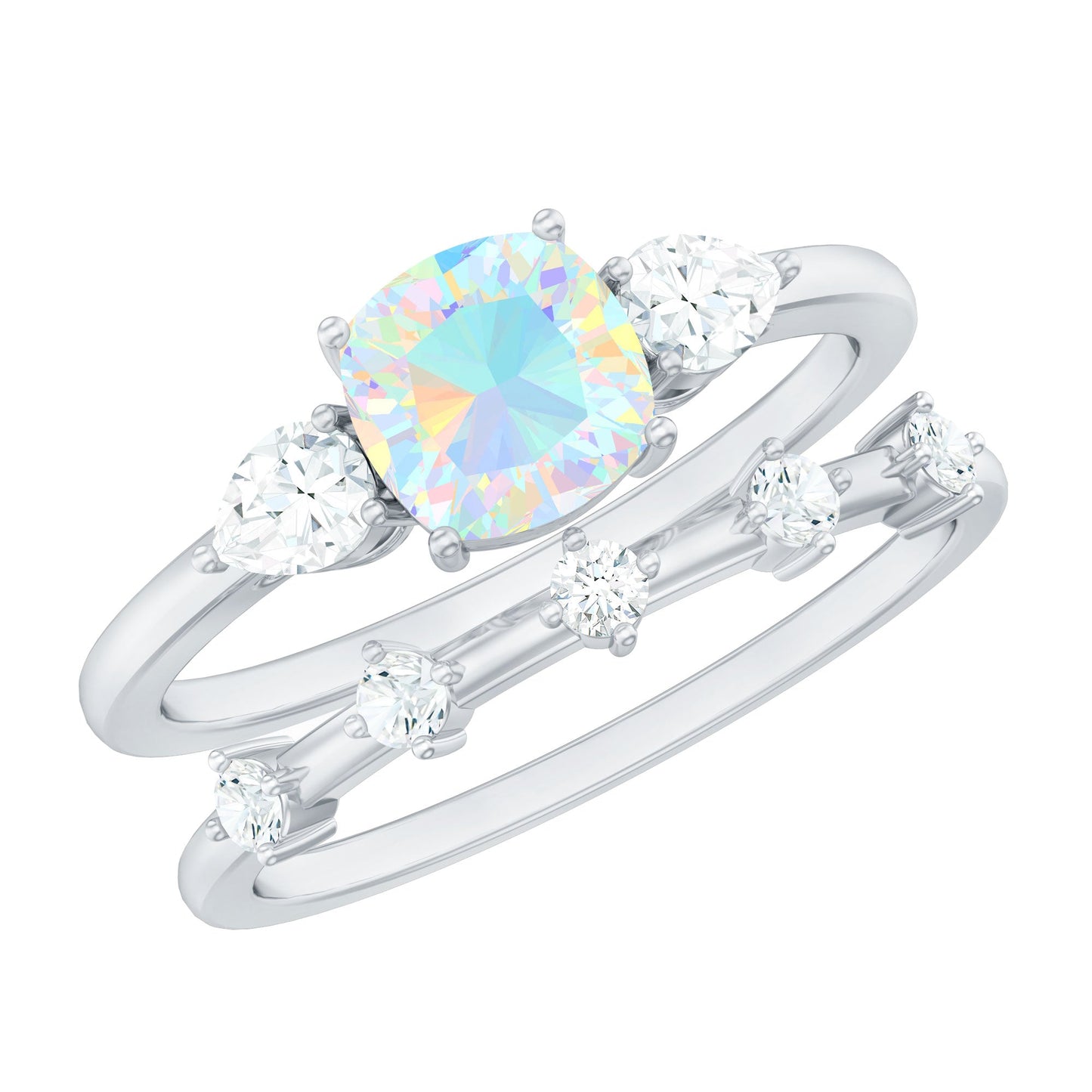 Cushion Cut Real Ethiopian Opal Wedding Ring Set with Diamond