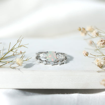 Cushion Cut Real Ethiopian Opal Wedding Ring Set with Diamond
