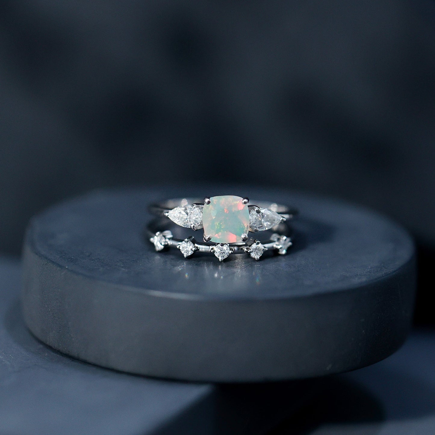 Cushion Cut Real Ethiopian Opal Wedding Ring Set with Diamond