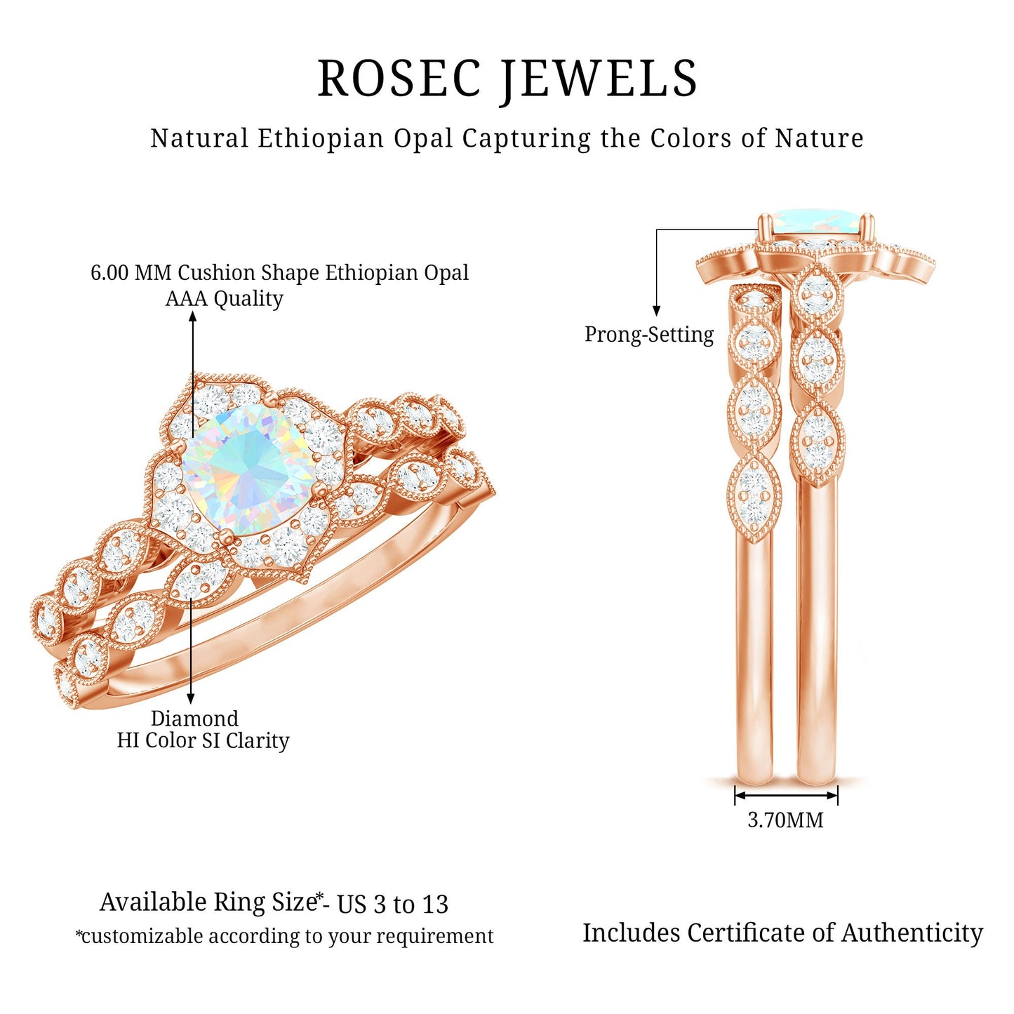 Vintage Inspired Ethiopian Opal Flower Engagement Ring with Wedding Band