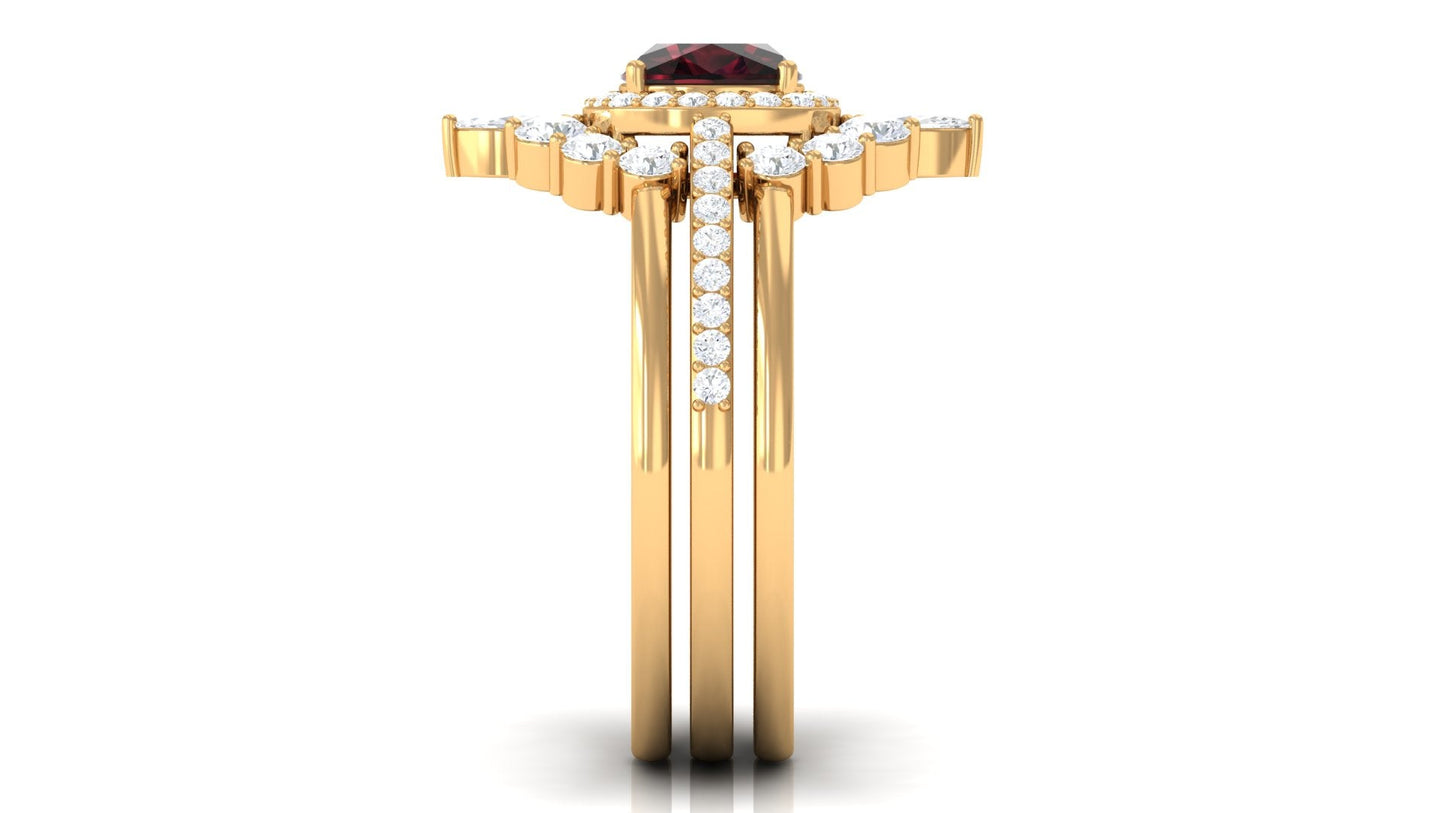 Natural 3.2 Carat Cushion Cut Garnet Statement Bridal Ring Set