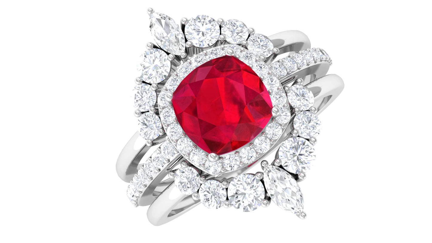 2 Carat Certified Lab Grown Ruby 3 Piece Bridal Ring Set with Moissanite