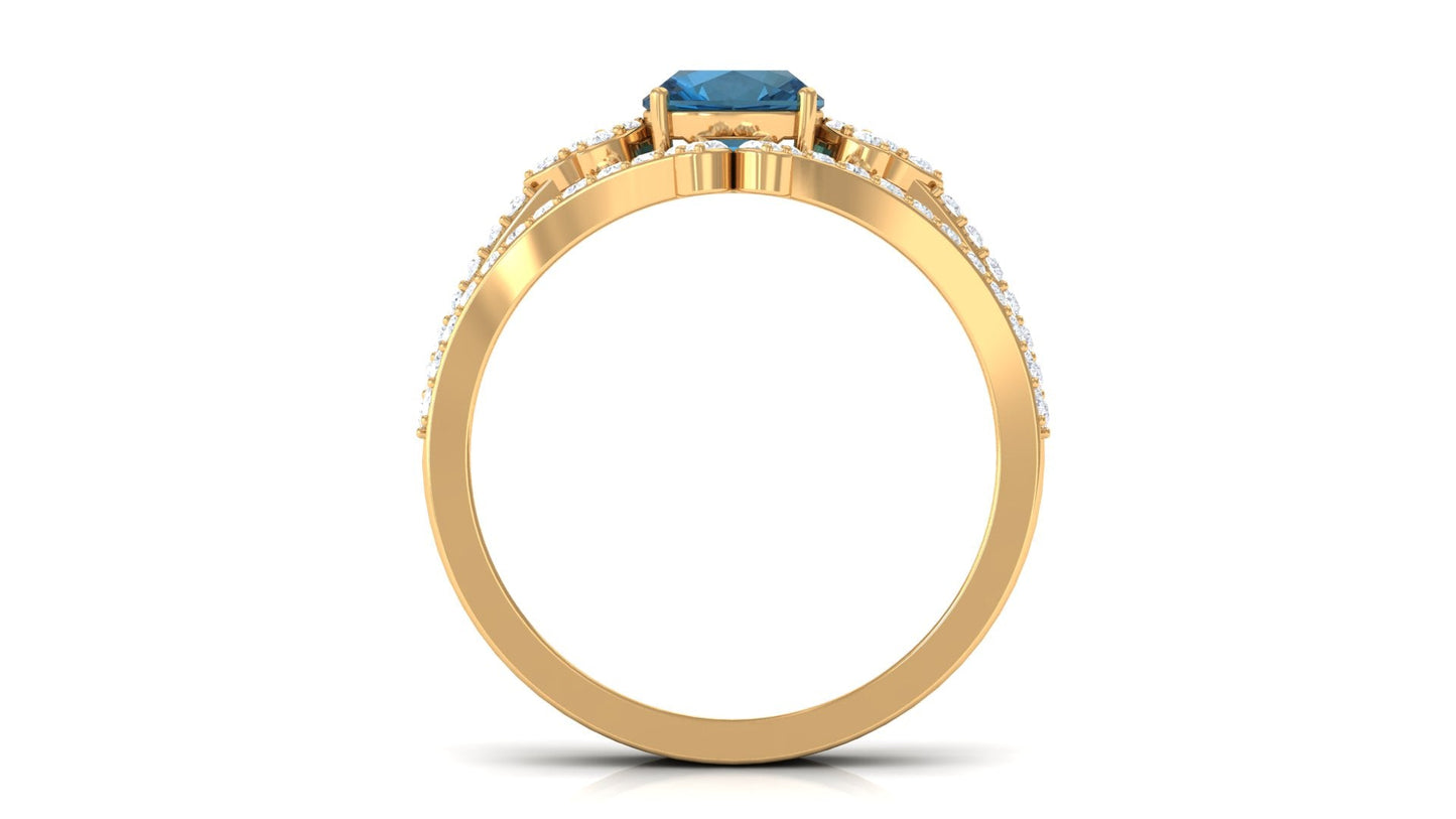 Cushion Cut London Blue Topaz Designer Wedding Ring Set with Diamond Band