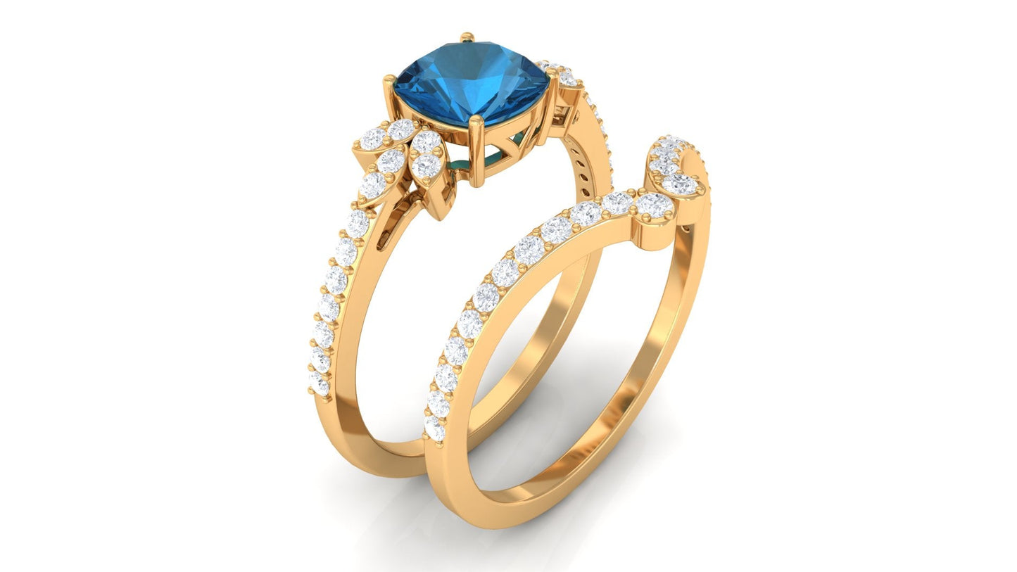 Cushion Cut London Blue Topaz Designer Wedding Ring Set with Diamond Band