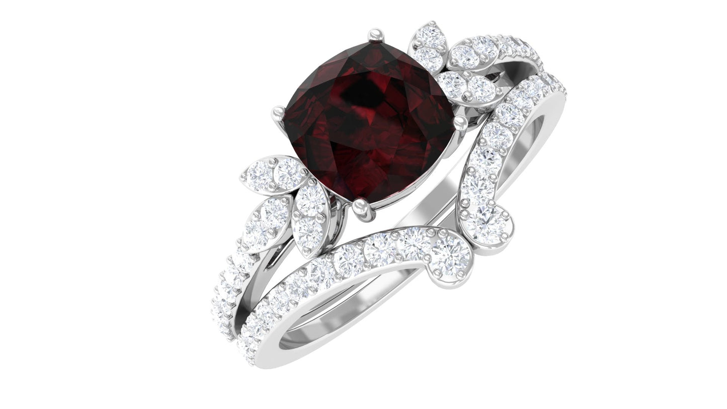 Cushion Cut Garnet and Diamond Designer Wedding Ring Set For Her
