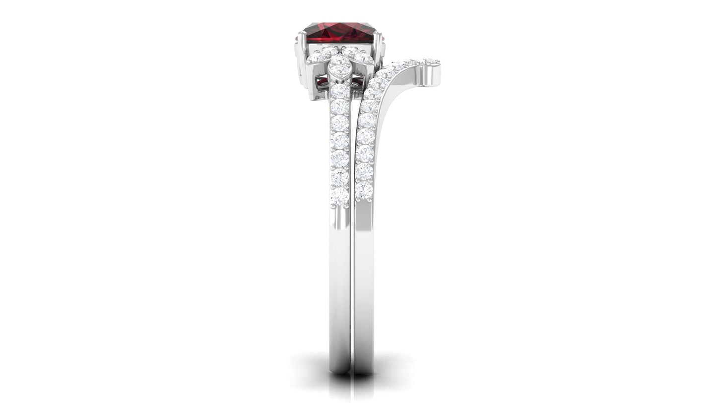 Cushion Cut Garnet and Diamond Designer Wedding Ring Set For Her