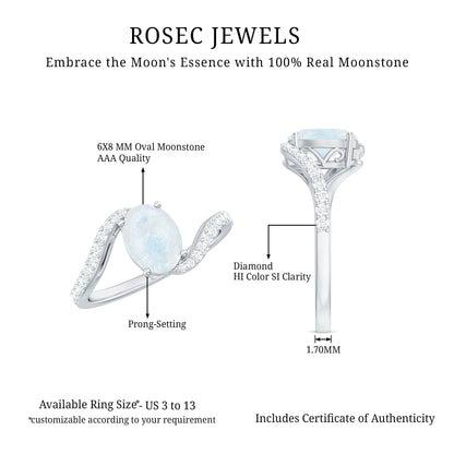 Oval Cut Solitaire Moonstone and Diamond Bypass Ring