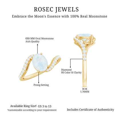 Oval Cut Solitaire Moonstone and Diamond Bypass Ring