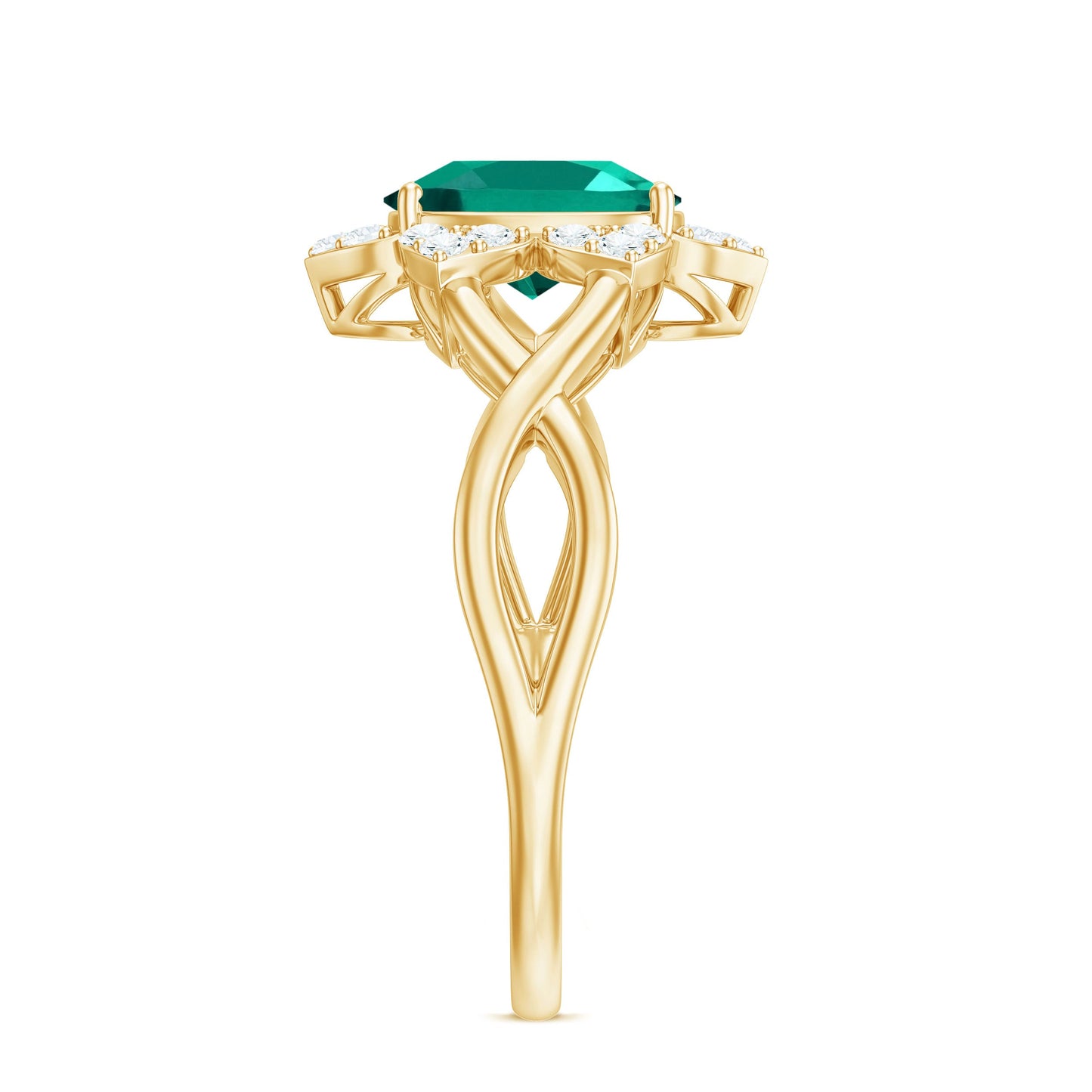 Certified Oval Lab Grown Emerald Diamond Flower Engagement Ring with Crossover Shank