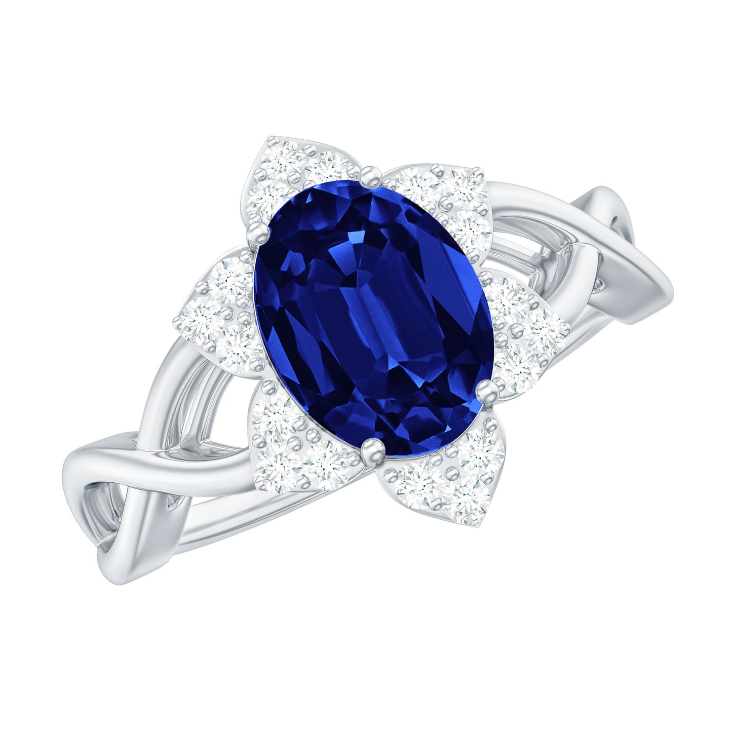Certified 1.5 Carat Lab Grown Blue Sapphire Engagement Ring with Flower Diamond Halo