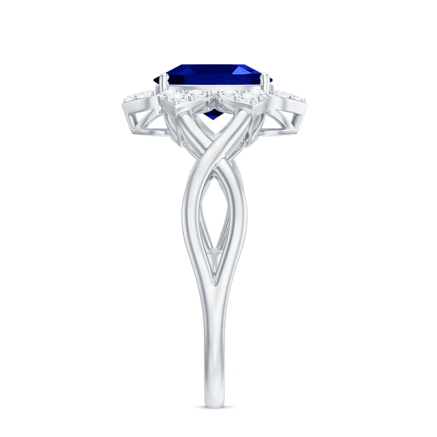 Certified 1.5 Carat Lab Grown Blue Sapphire Engagement Ring with Flower Diamond Halo