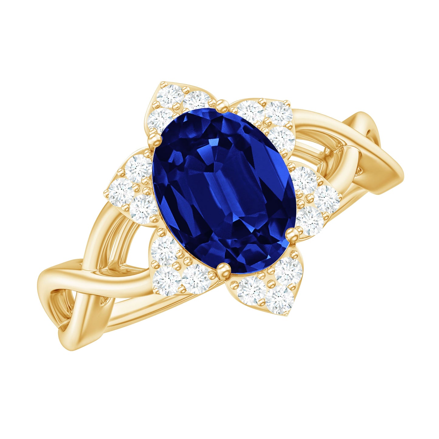 Certified 1.5 Carat Lab Grown Blue Sapphire Engagement Ring with Flower Diamond Halo