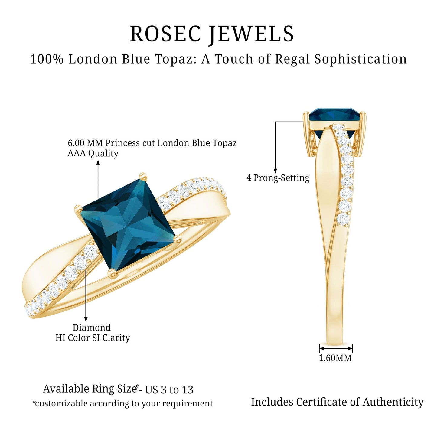 1 Carat Princess Cut London Blue Topaz Solitaire Engagement Ring For Women