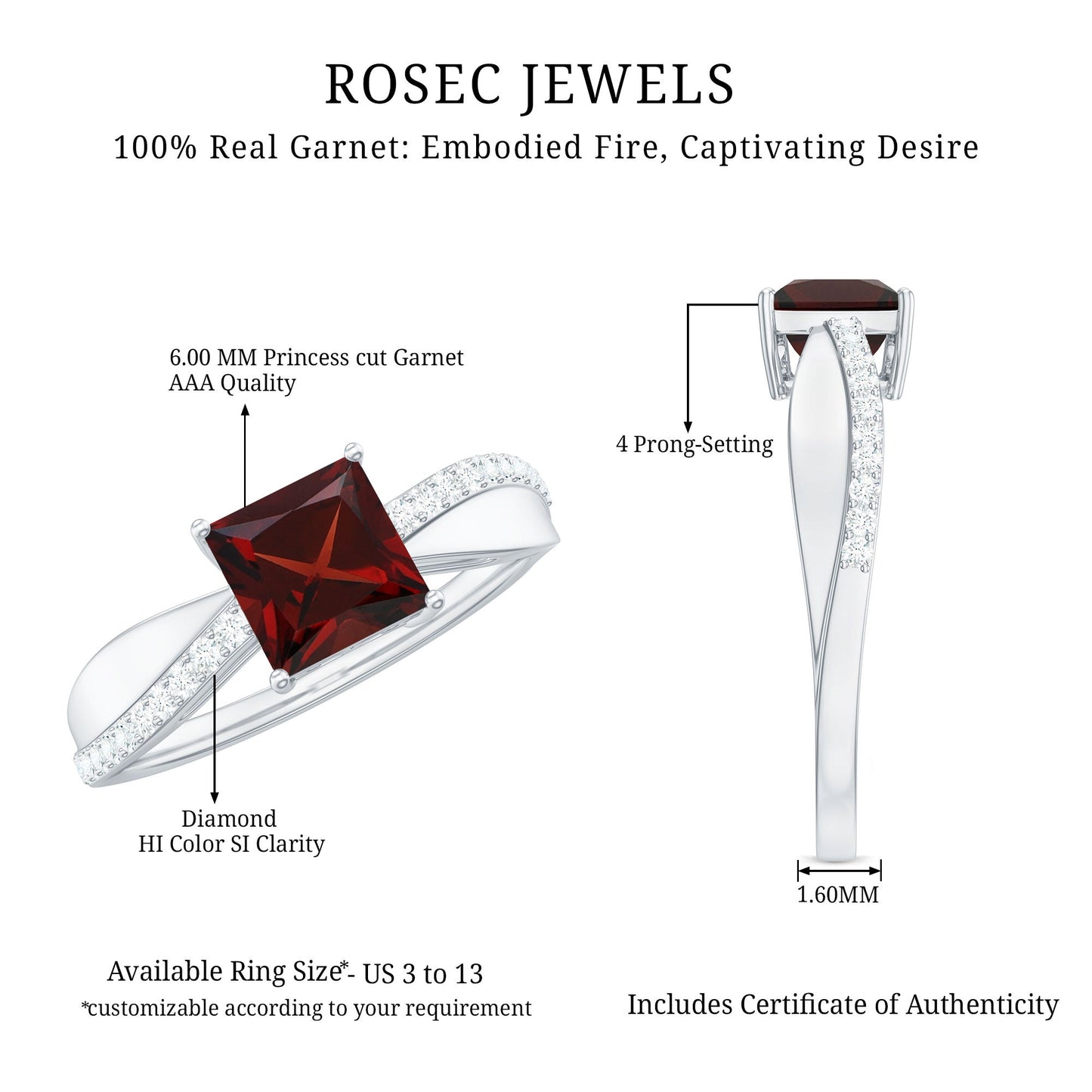 Princess Cut Garnet Solitaire Engagement Ring with Diamond