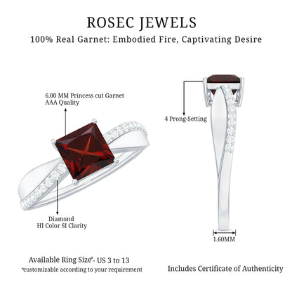 Princess Cut Garnet Solitaire Engagement Ring with Diamond