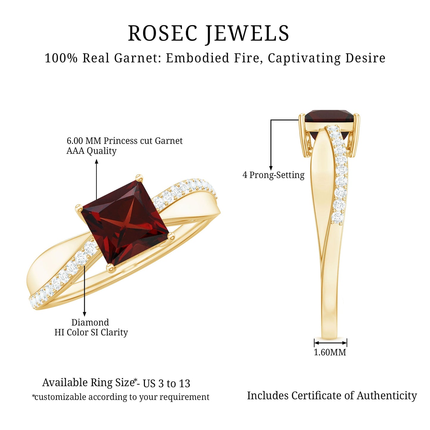 Princess Cut Garnet Solitaire Engagement Ring with Diamond