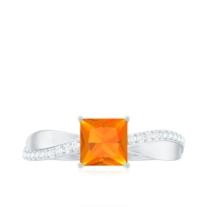 Princess Cut Fire Opal Solitaire Engagement Ring with Diamond