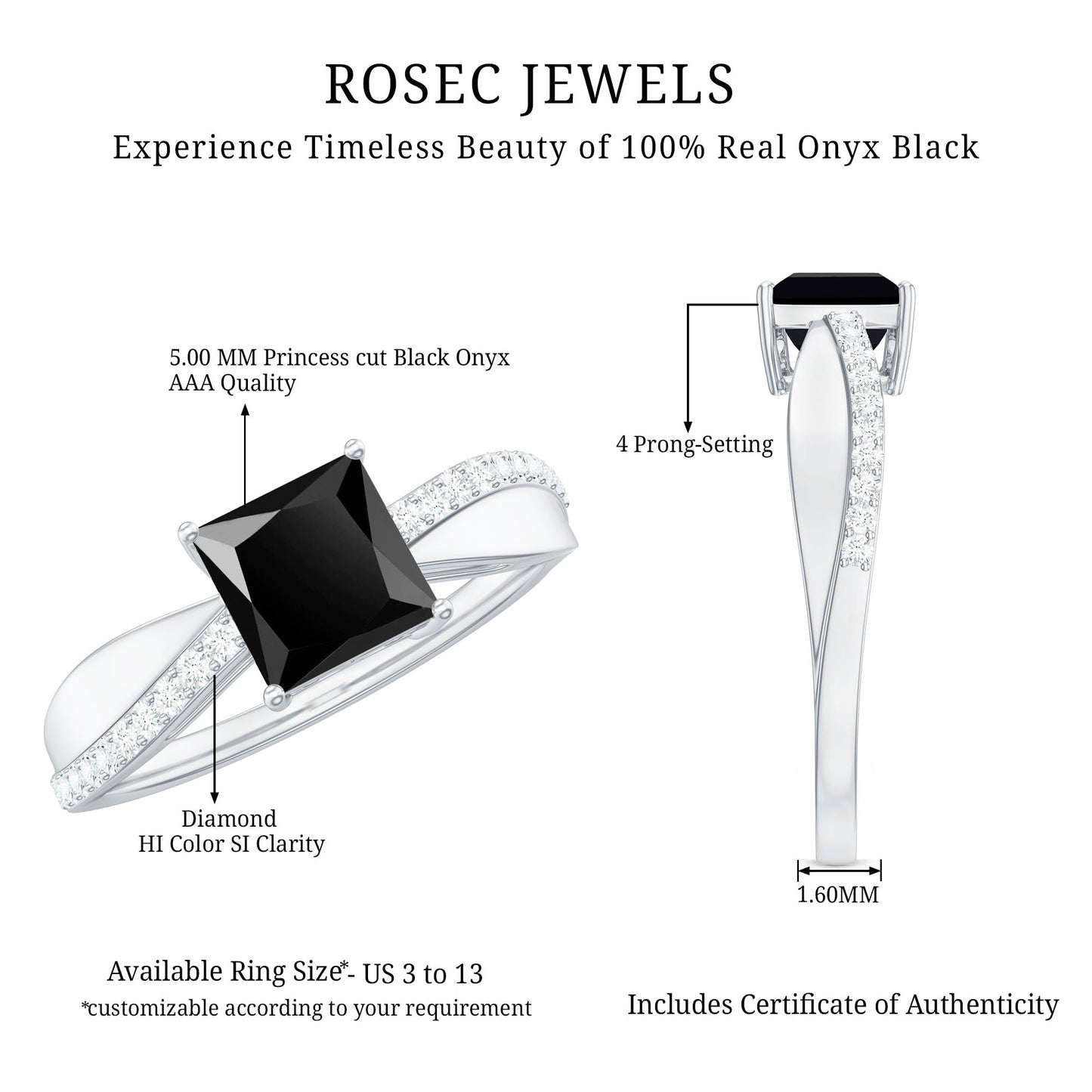 0.5 Carat Princess Cut Black Onyx Solitaire Engagement Ring with Diamond