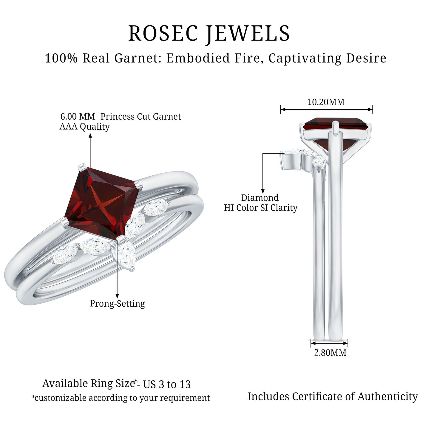 1.4 Carat Princess Cut Garnet Solitaire Bridal Ring Set with Diamonds