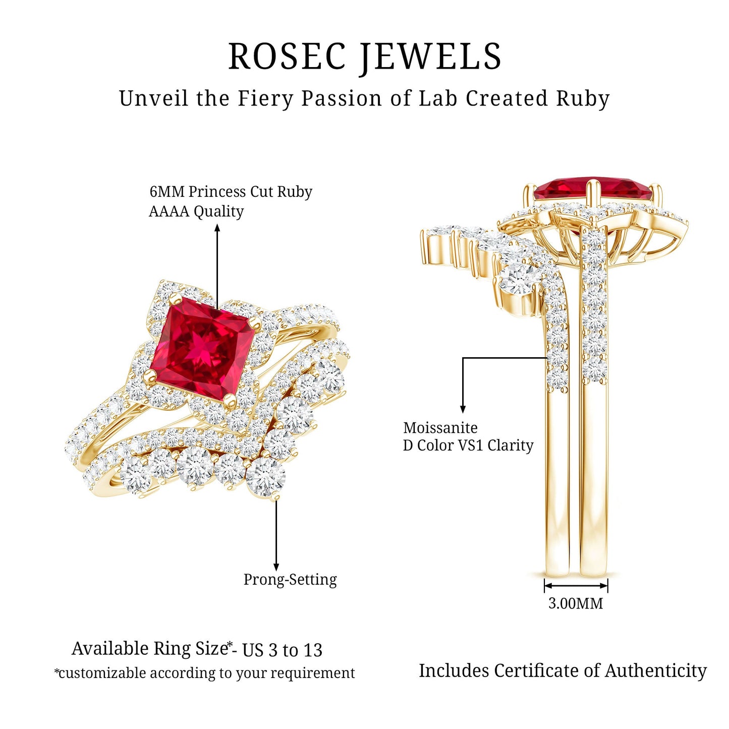 1.5 Carat Designer Created Ruby and Moissanite Wedding Ring Set