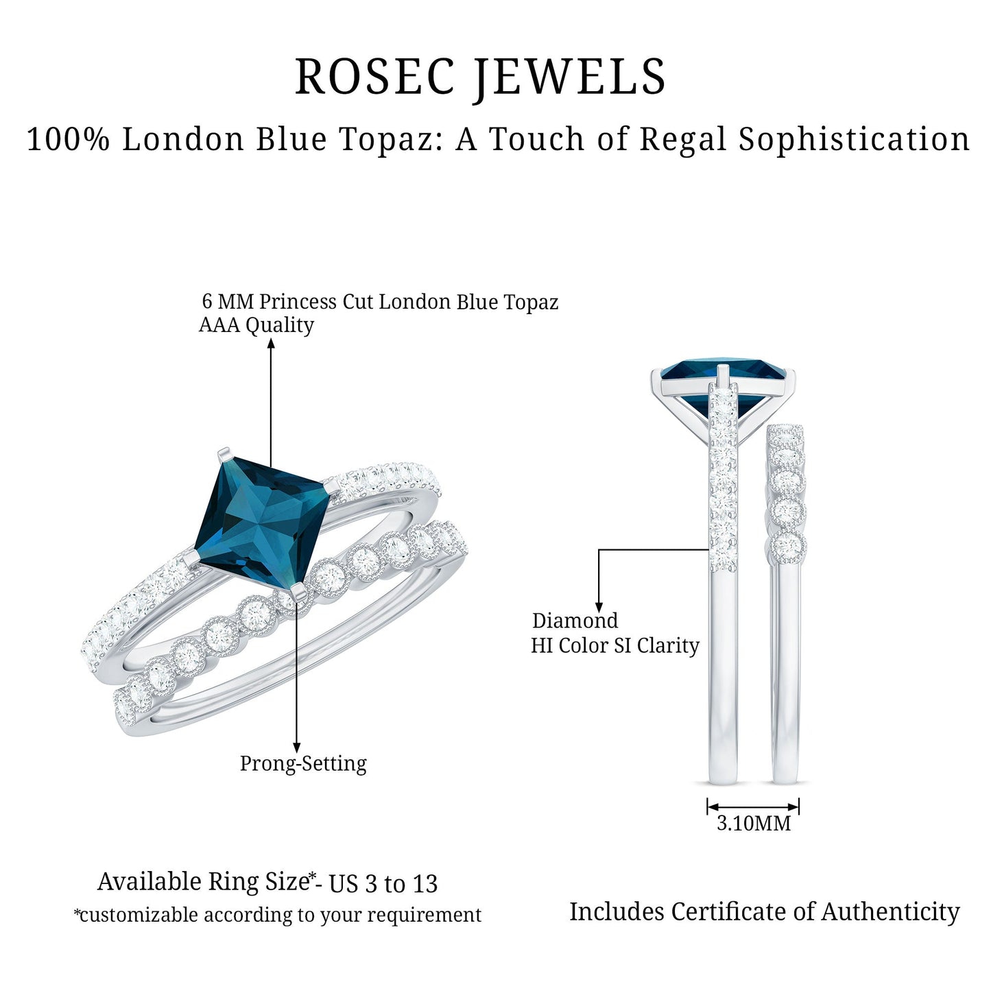 Genuine London Blue Topaz Designer Engagement Ring with Diamond Wedding Band