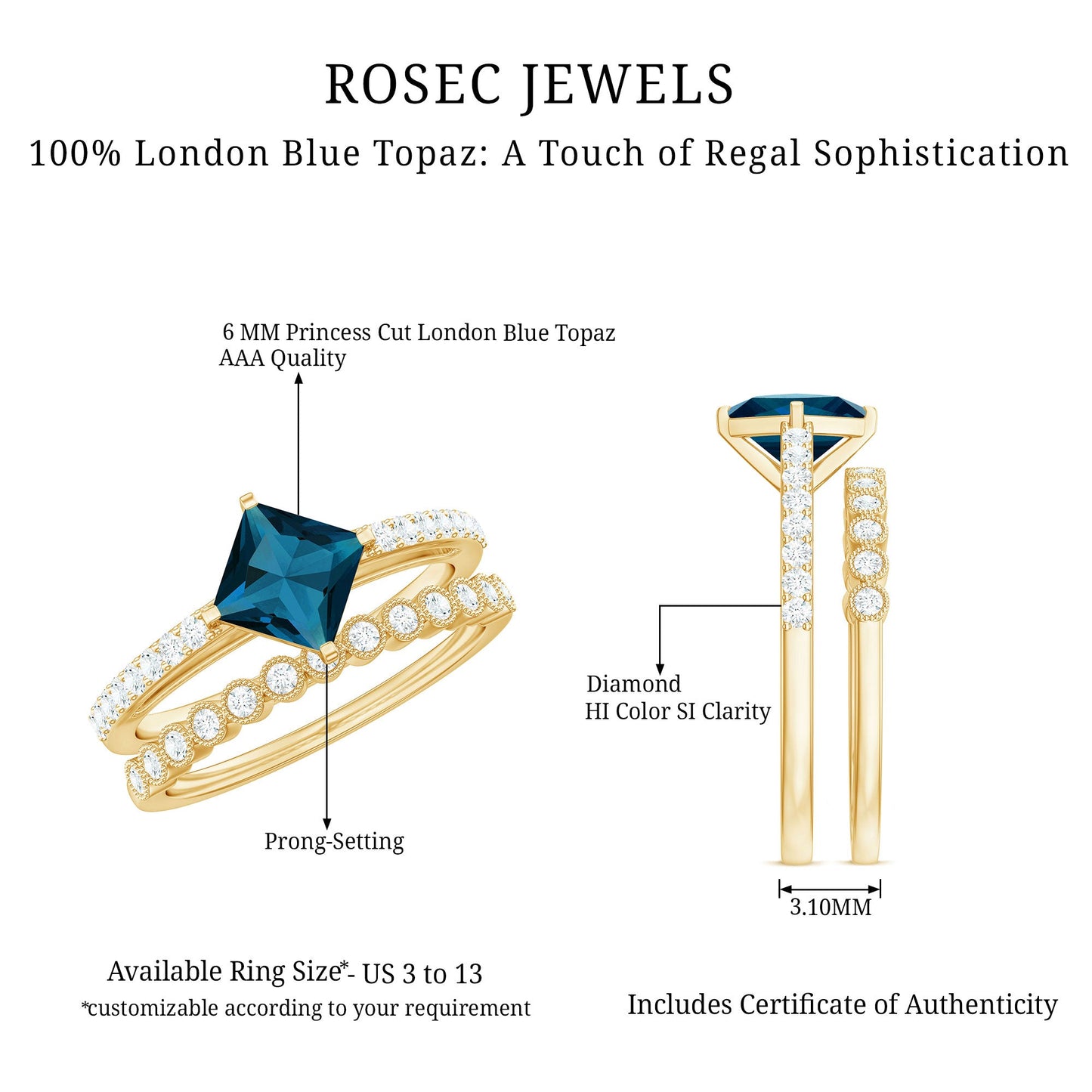 Genuine London Blue Topaz Designer Engagement Ring with Diamond Wedding Band