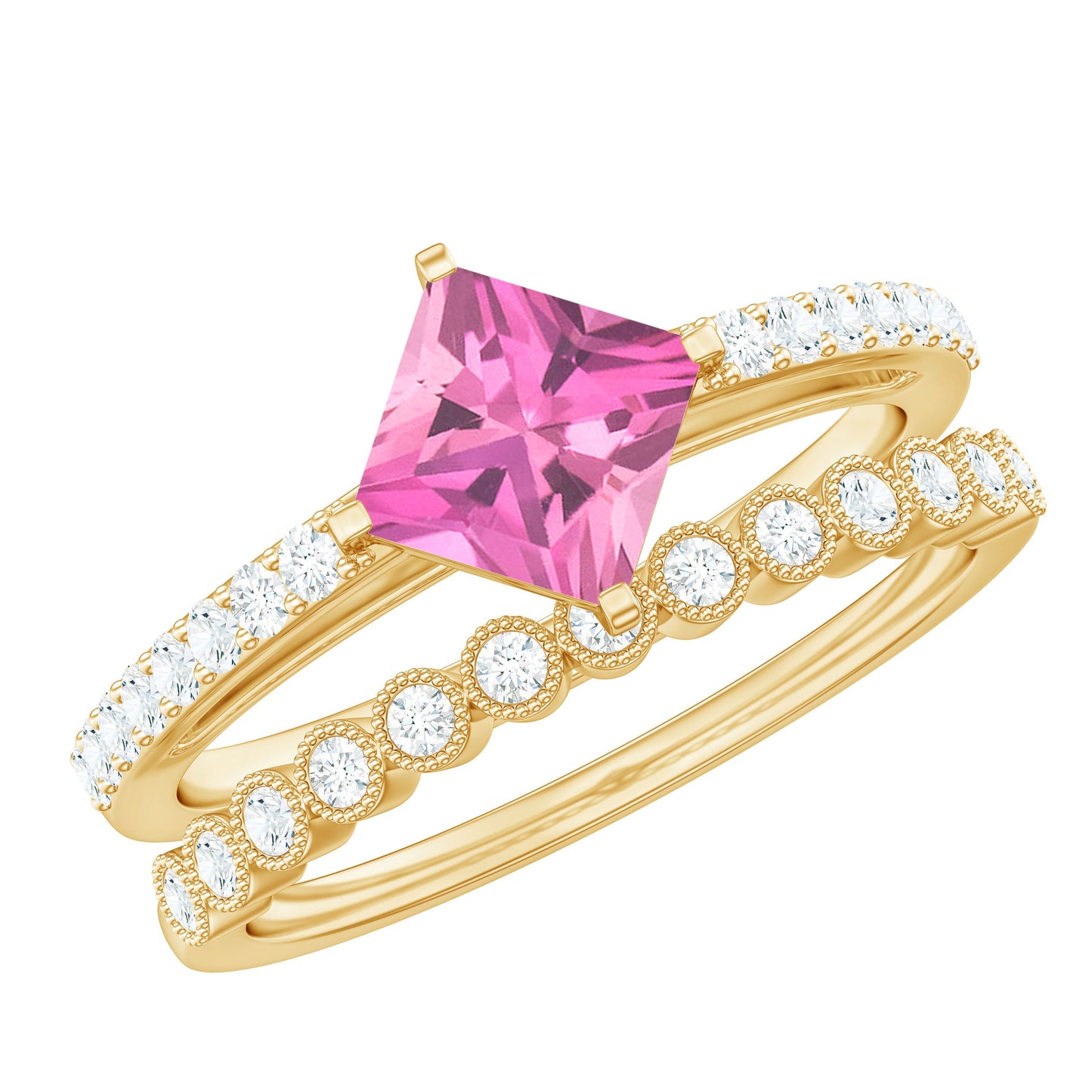 1 Carat Princess Cut Pink Tourmaline Ring with Diamond Wedding Band