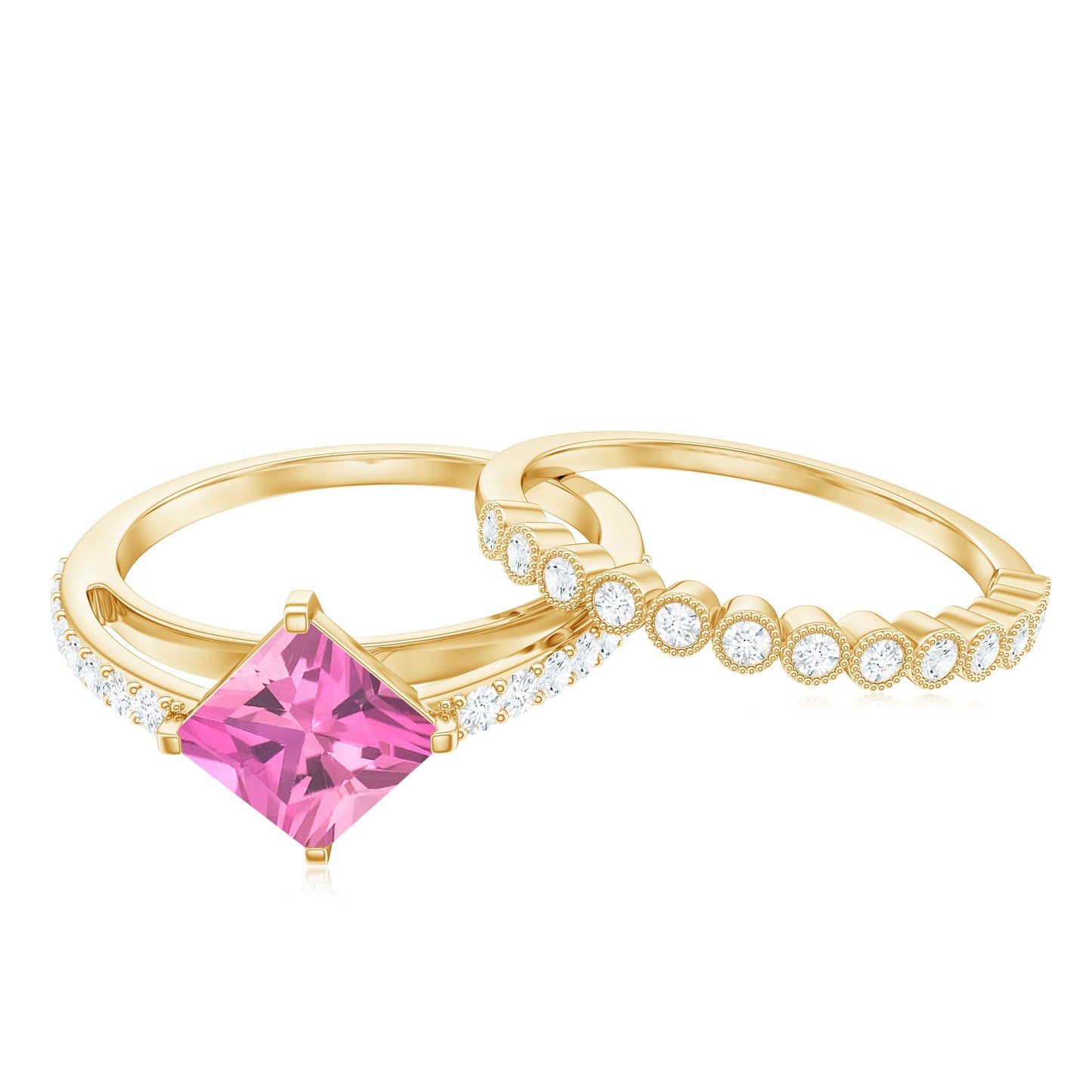 1 Carat Princess Cut Pink Tourmaline Ring with Diamond Wedding Band