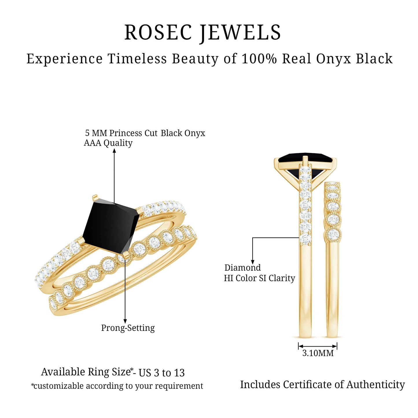 0.5 Carat Princess Cut Black Onyx Wedding Ring Set with Diamond Band
