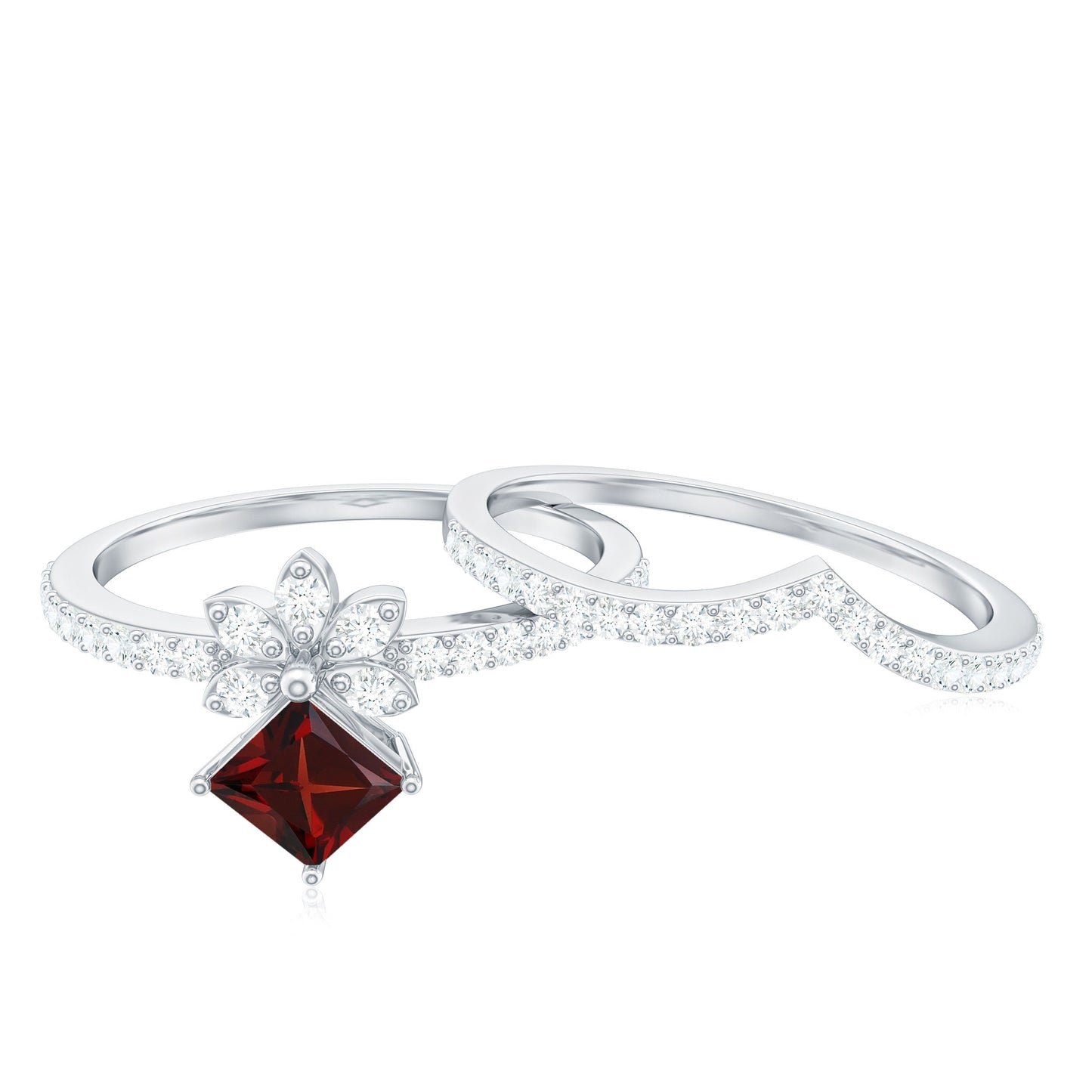 Natural Garnet Diamond Flower Engagement Ring Wedding Band Set