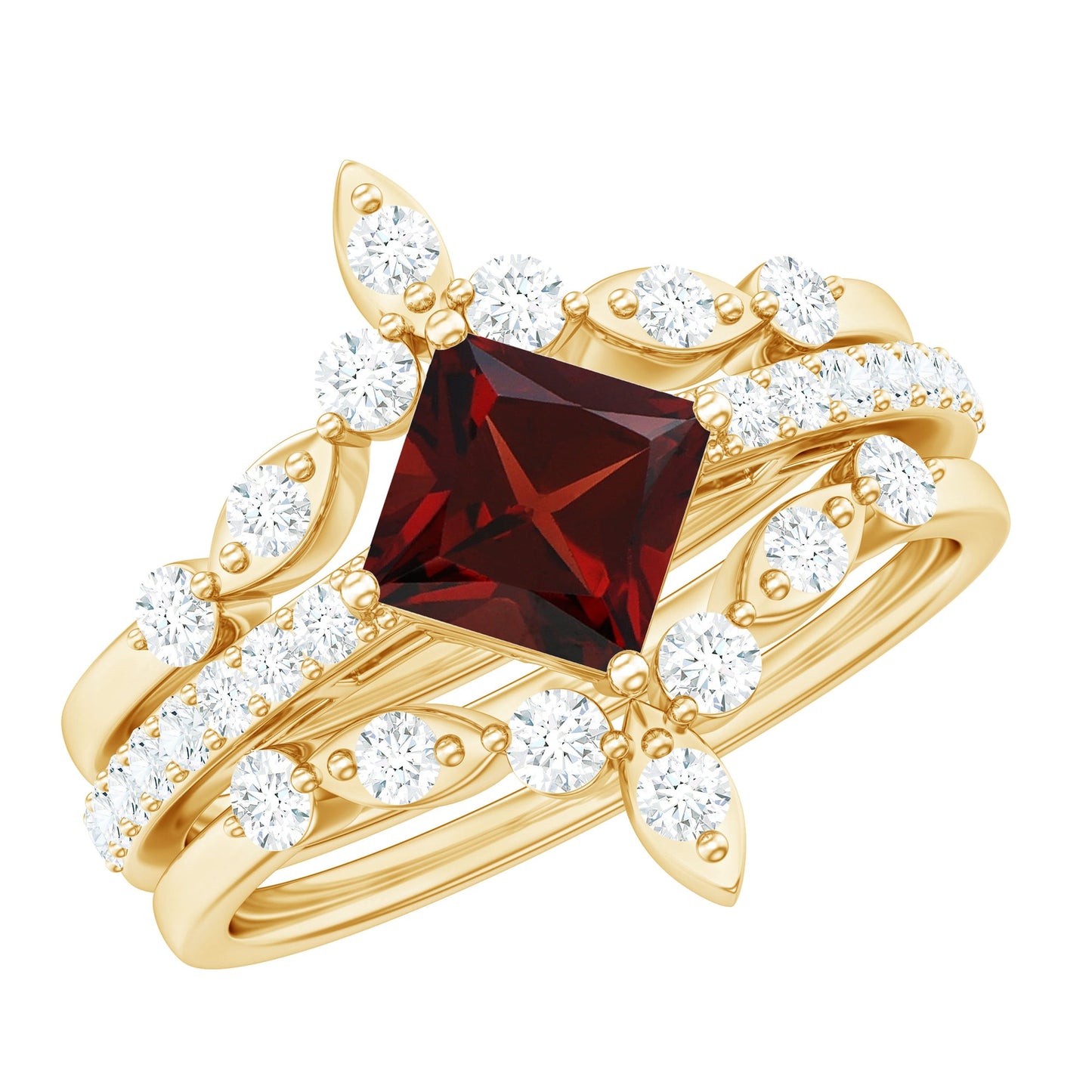 1.4 Carat Vintage Looking Princess Cut Garnet and Diamond 3 Piece Wedding Ring Set