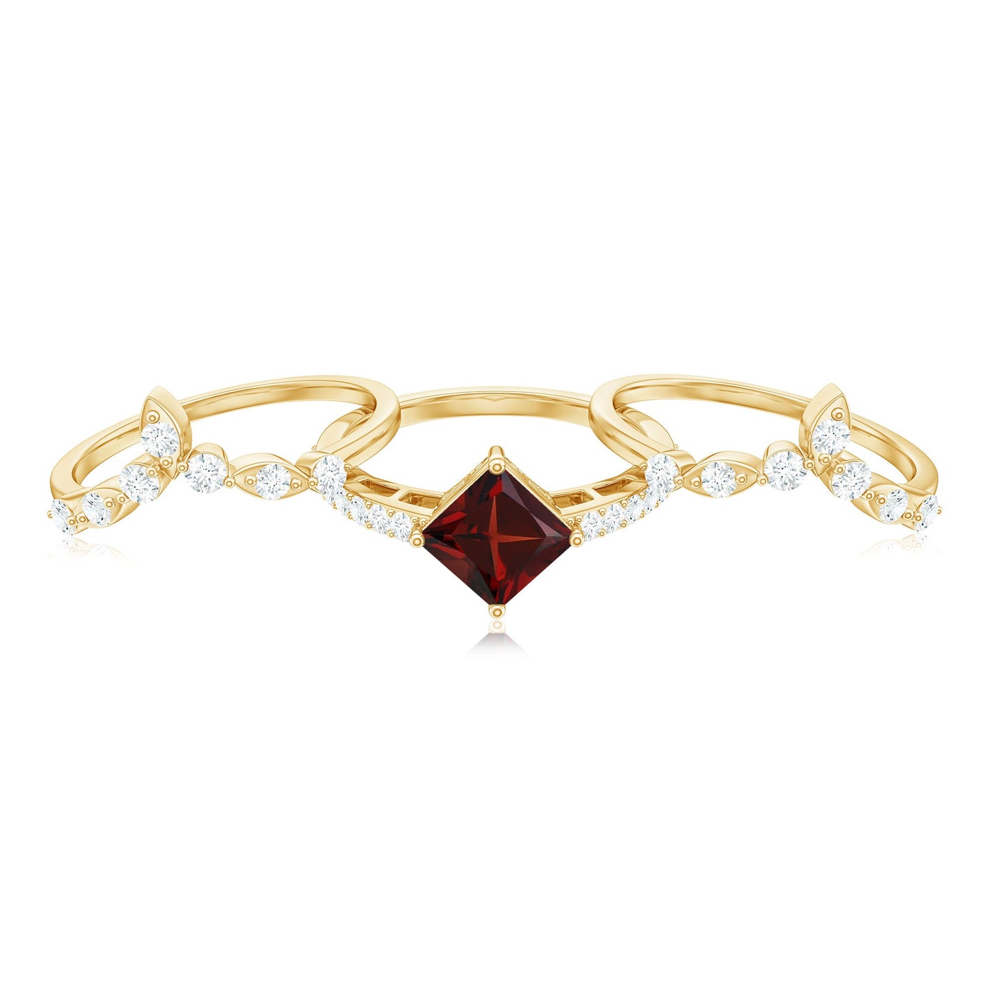 1.4 Carat Vintage Looking Princess Cut Garnet and Diamond 3 Piece Wedding Ring Set