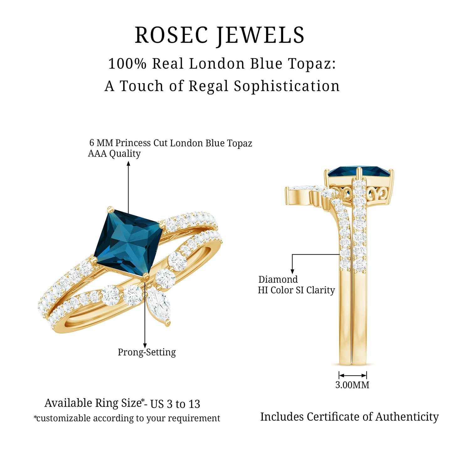 1 Carat Princess Cut London Blue Topaz and Diamond Wedding Ring Set