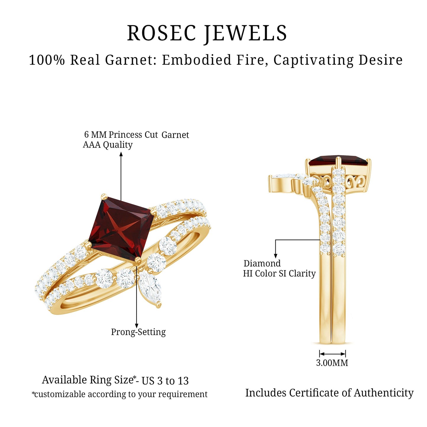 Natural Princess Cut Garnet Diamond Wedding Bridal Ring Set