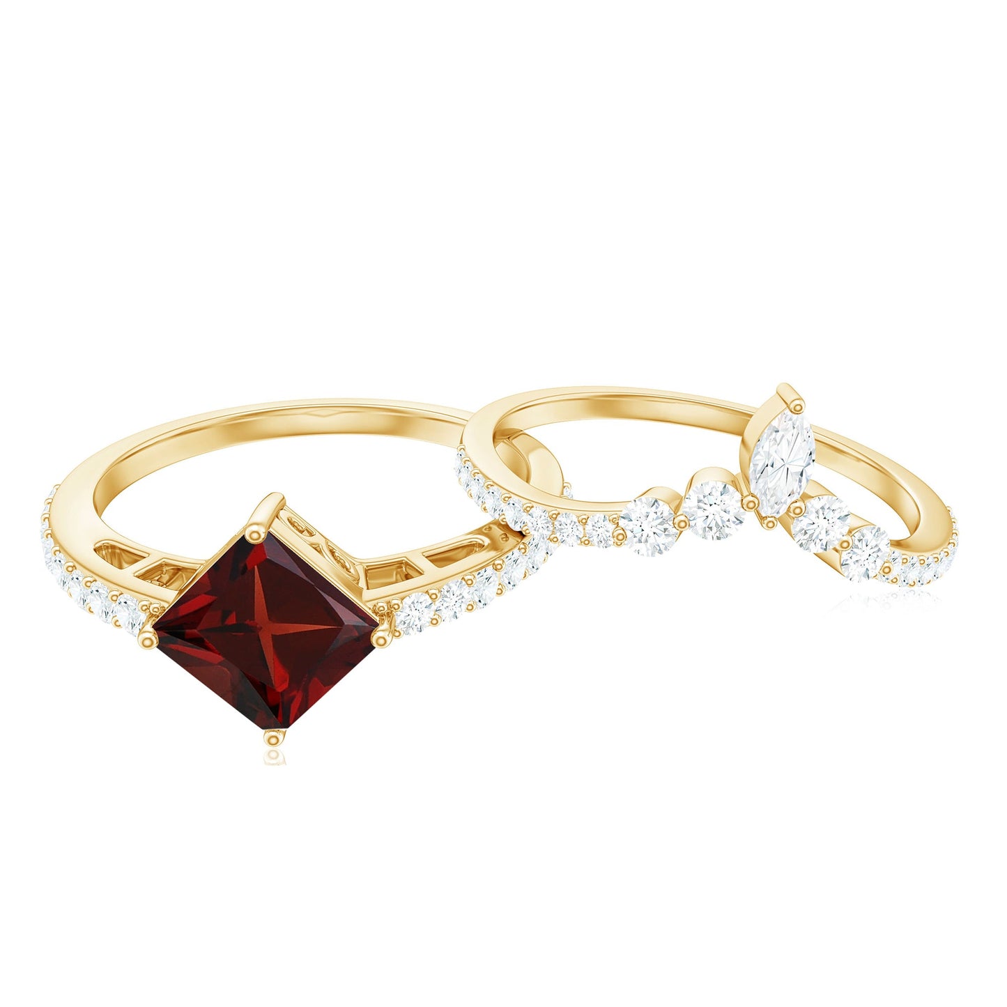 Natural Princess Cut Garnet Diamond Wedding Bridal Ring Set