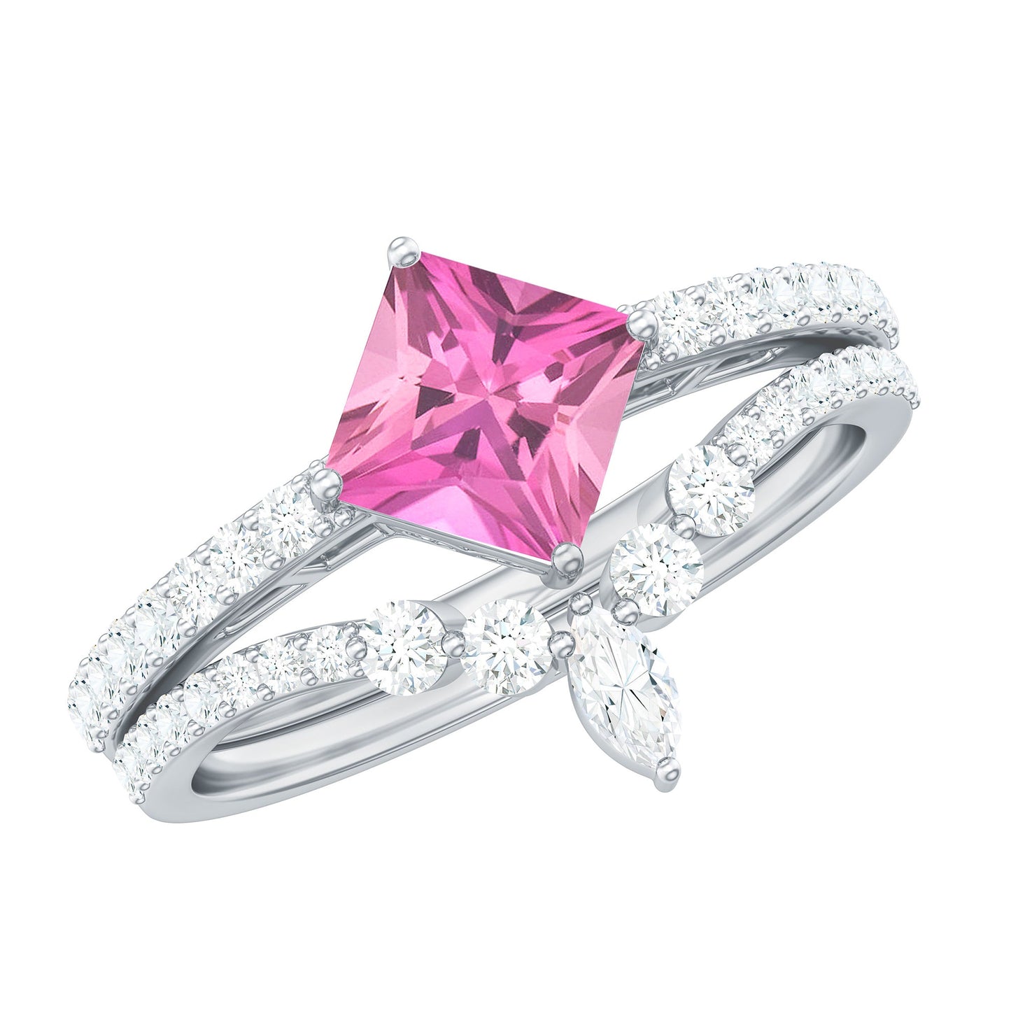 1 Carat Princess Cut Pink tourmaline and Diamond Wedding Ring Set for Women