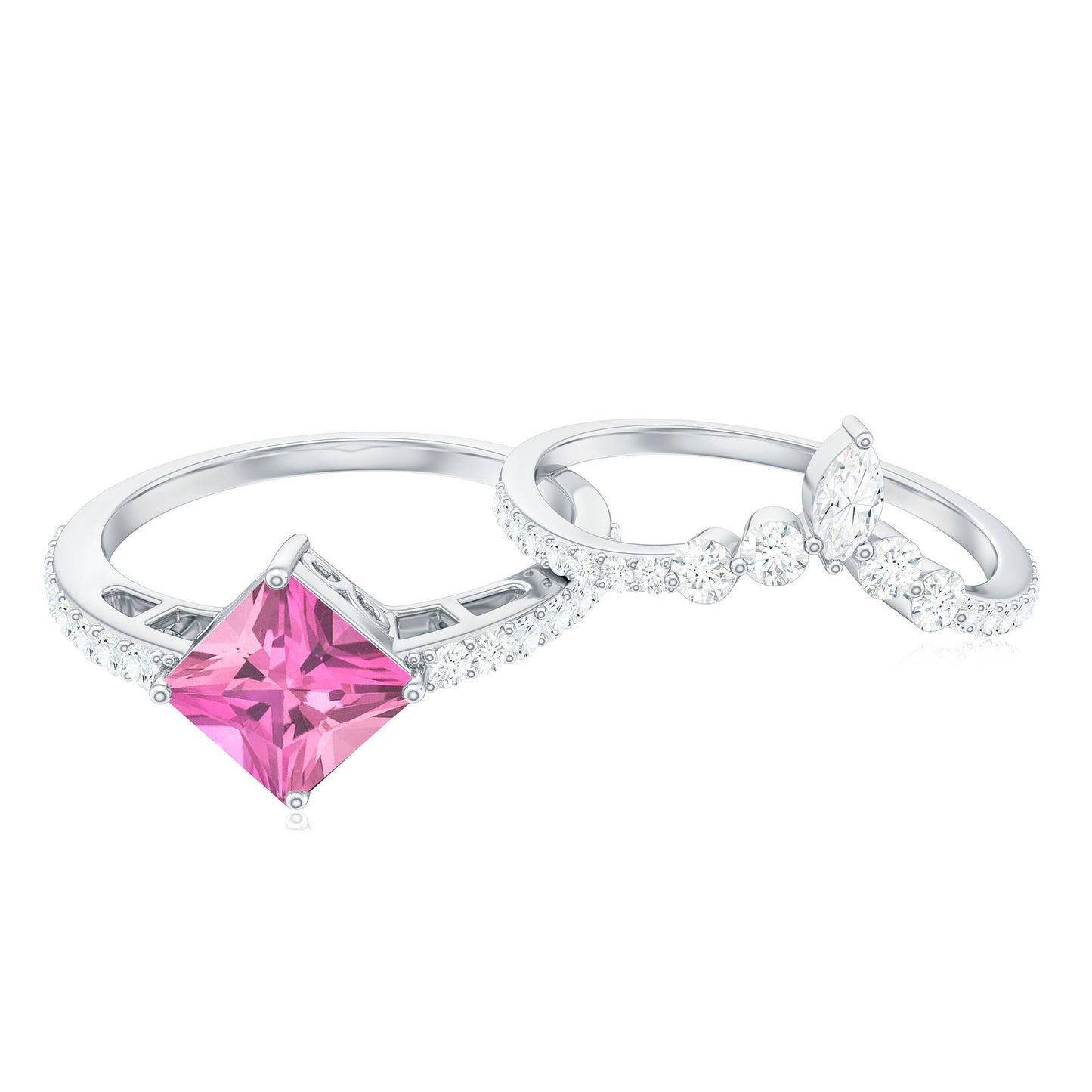 1 Carat Princess Cut Pink tourmaline and Diamond Wedding Ring Set for Women