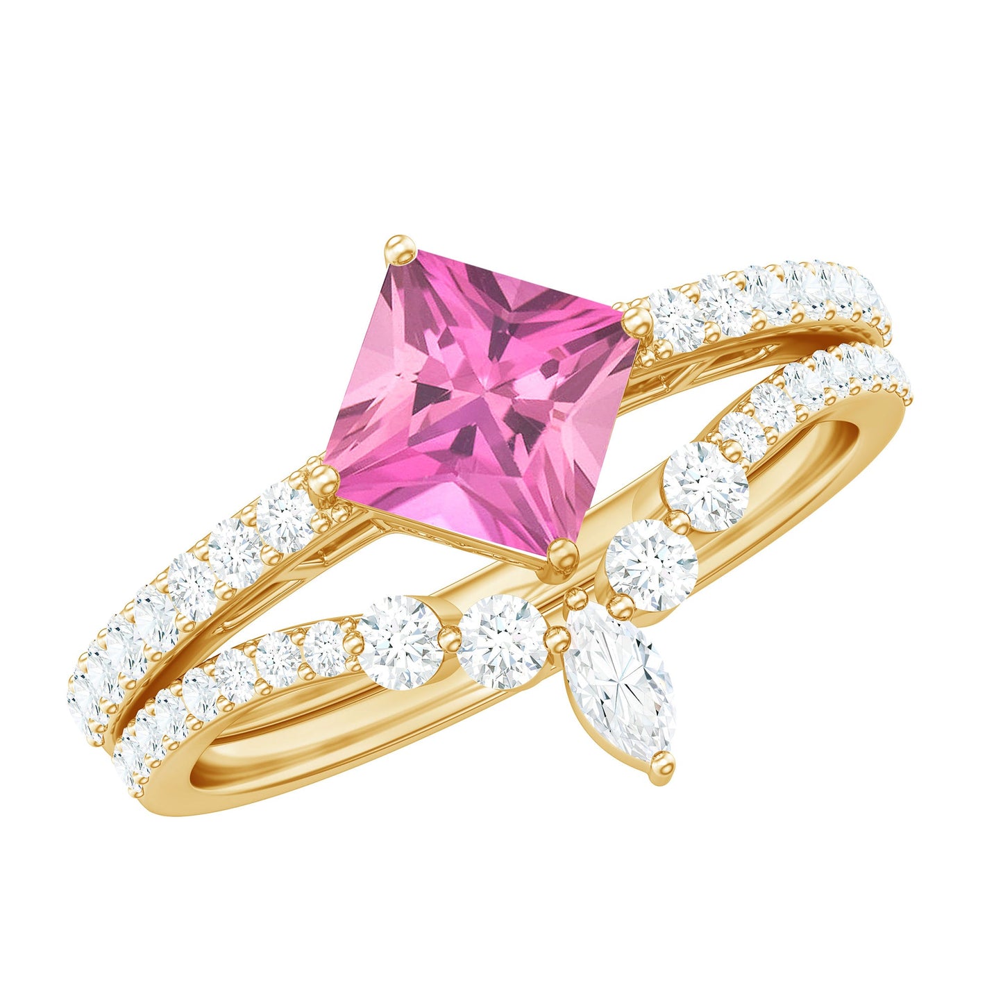 1 Carat Princess Cut Pink tourmaline and Diamond Wedding Ring Set for Women