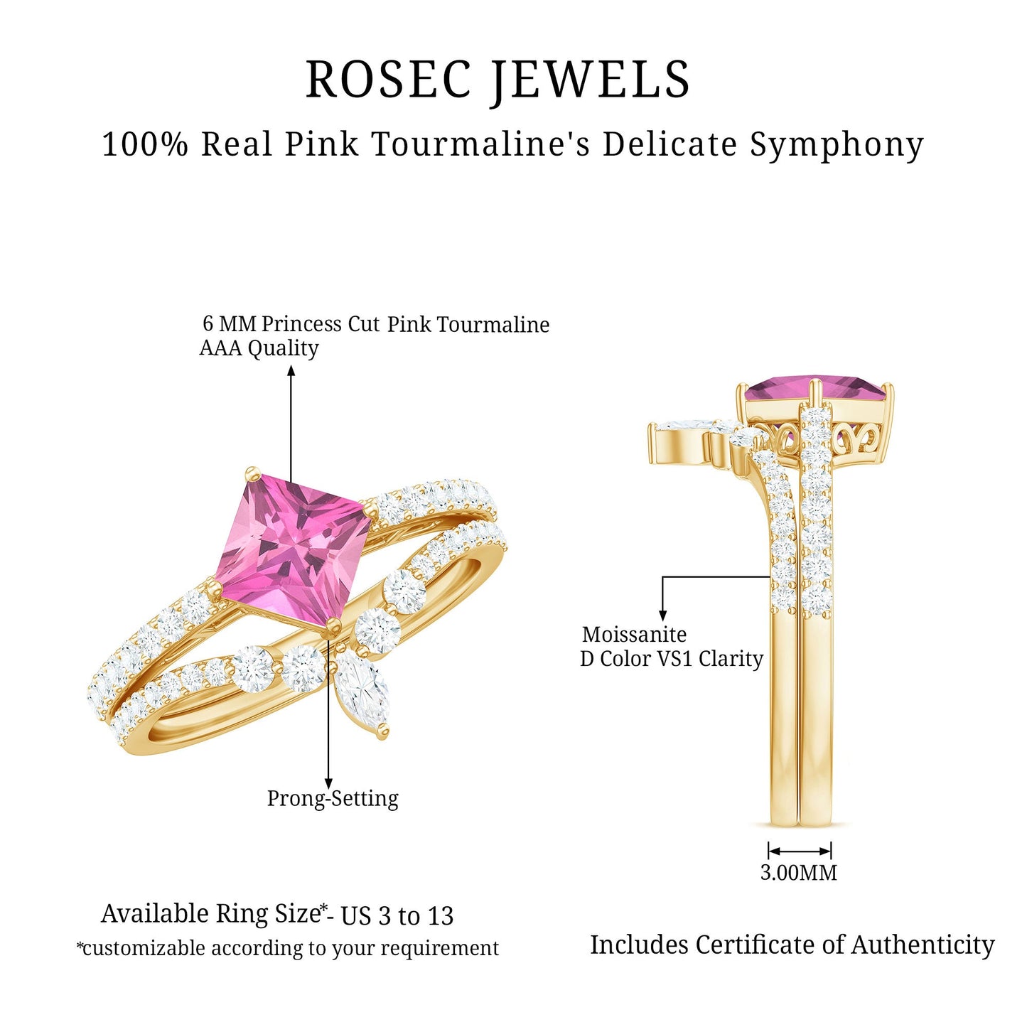 1 Carat Princess Cut Pink tourmaline and Diamond Wedding Ring Set for Women