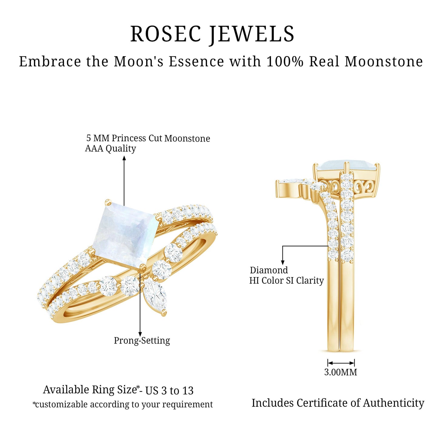 Princess Cut Solitaire Moonstone Designer Ring Set with Diamond