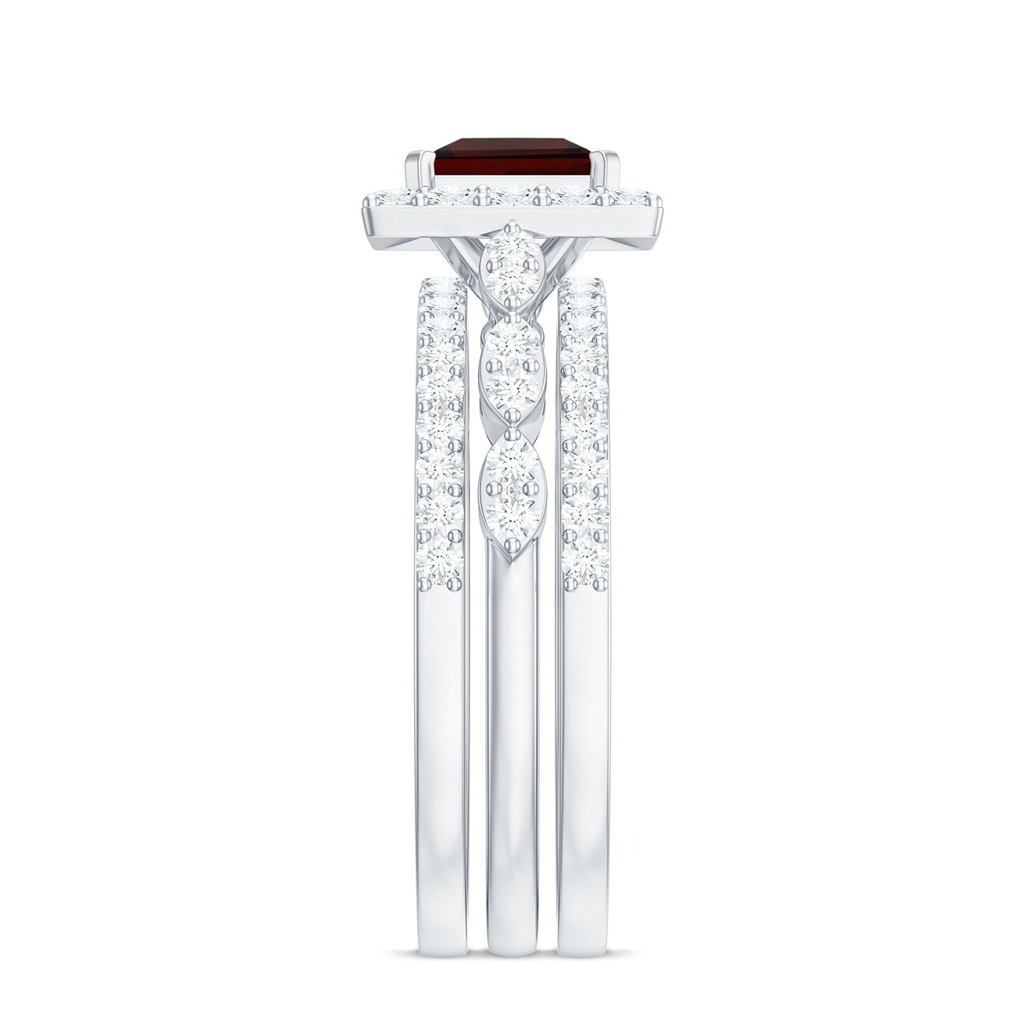 Genuine 1.4 Carat Princess Cut Garnet 3 Piece Bridal Ring Set with Moissanite