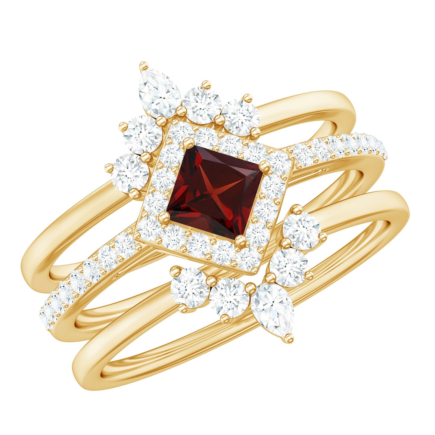1.4 Carat Natural Garnet Diamond 3 Piece Bridal Ring Set
