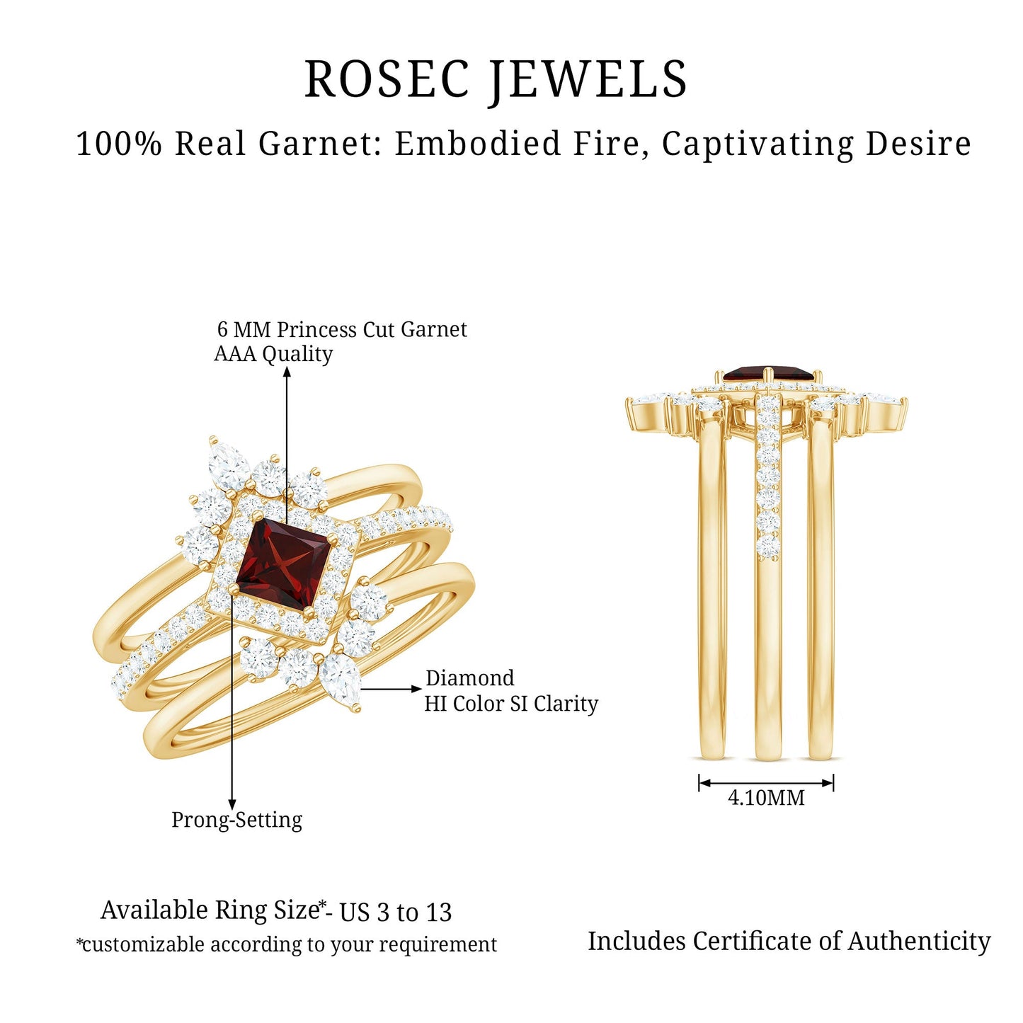1.4 Carat Natural Garnet Diamond 3 Piece Bridal Ring Set