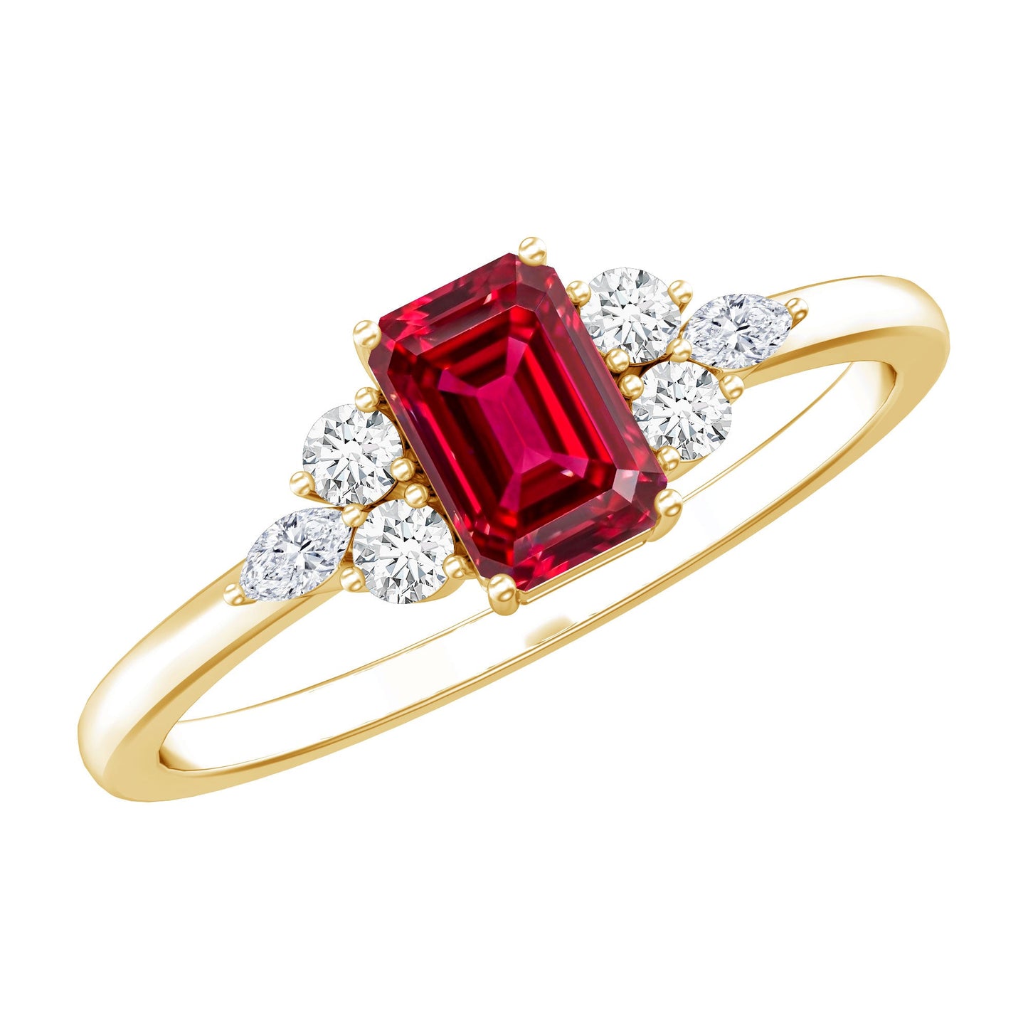 0.75 Carat Emerald Cut Lab Created Ruby and Diamond Promise Ring in Silver